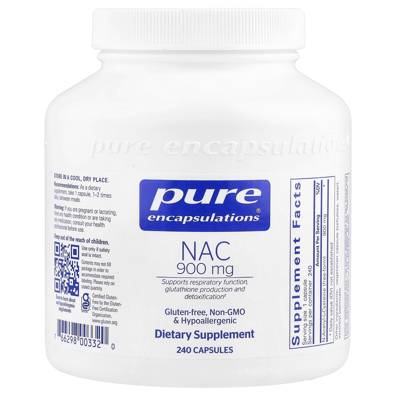 Pure Encapsulations, NAC 900 mg, 240 Capsules UPC 766298003320 | HiLife Vitamins